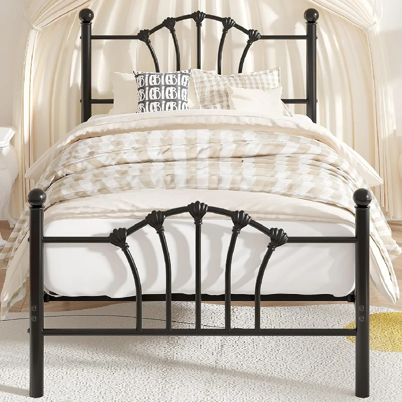 VECELO Twin Size Metal Bed Frame with Shell Headboard and Footboard