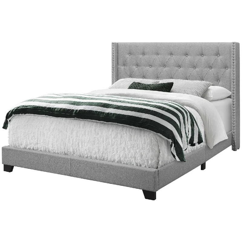 Solid Wood Queen Tufted Gray Upholstered Linen Bed With Nailhead Trim