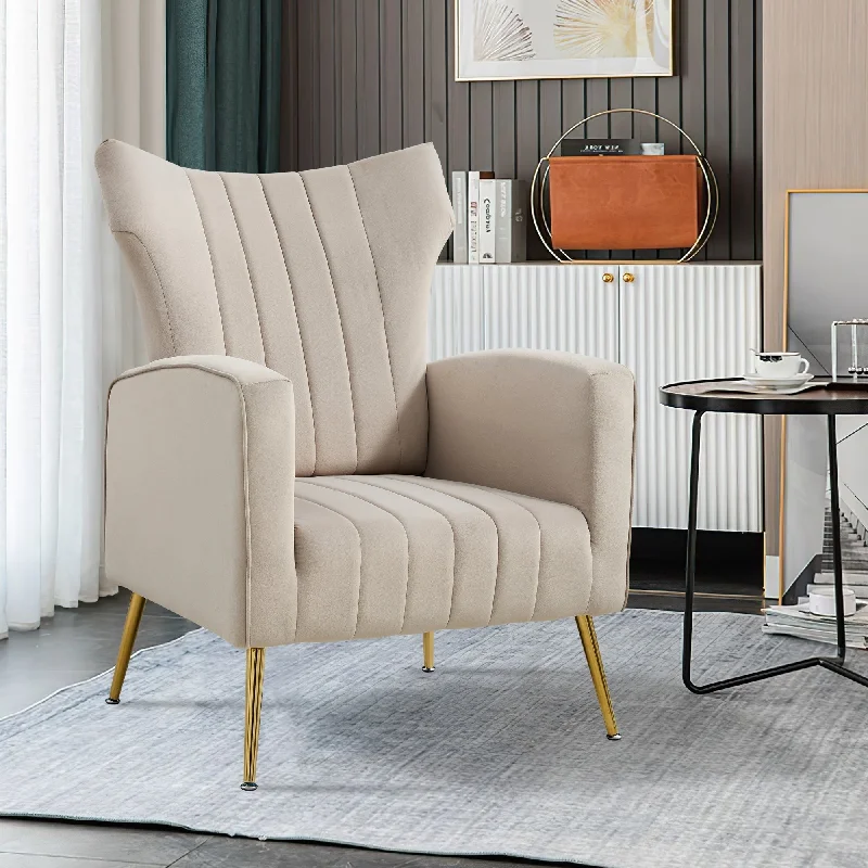 Modern Velvet Accent Chair with Arms, Wingback Reading Chair with Gold Metal Legs, Comfy Upholstered Single Leisure Sofa for Living Room Bedroom Club(Velvet+Grey)