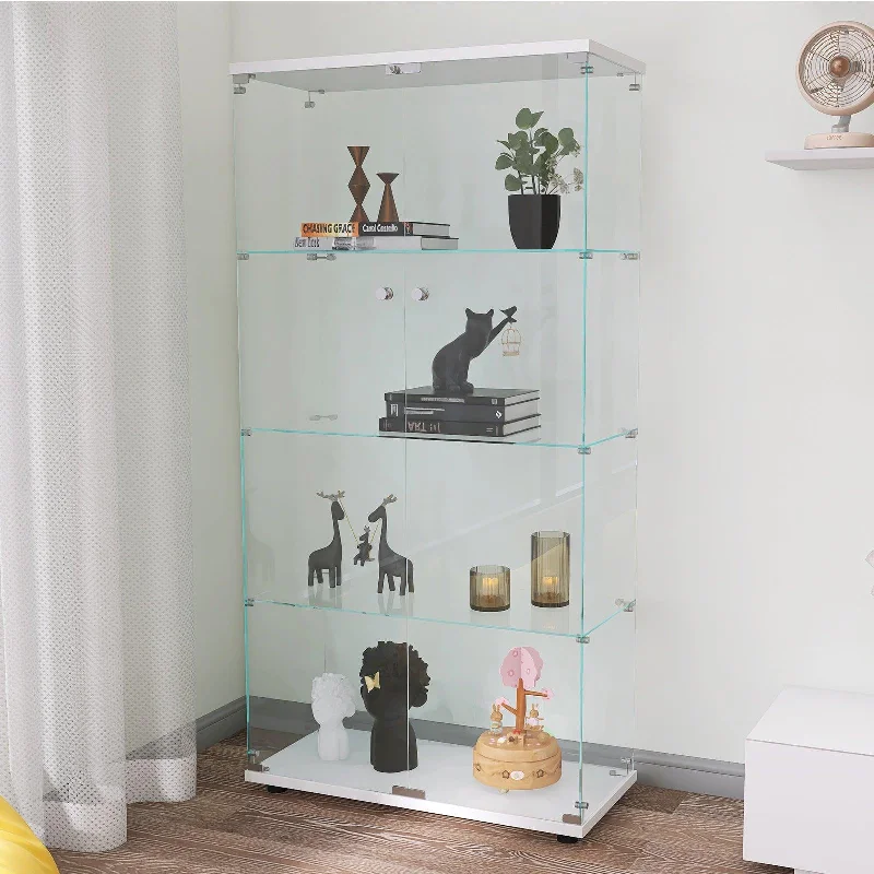 Two-door Glass Display Cabinet 4 Shelves with Door, Floor Standing Curio Bookshelf for Living Room Bedroom Office, 64.56” x 31.69”x 14.37”, White