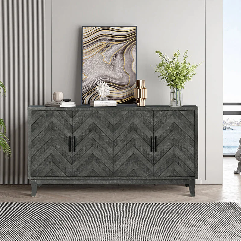 Accent Storage  4 Door Wooden Cabinets,Antique Dark Grey Colour  Wood Cabinet Vintage Style Sideboard for Living Room Dining Room Bedroom