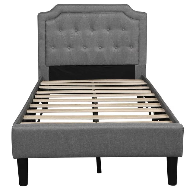 Abrihome Upholstered Wood Frame Twin Size Scalloped Linen Platform Bed, Gray - $100