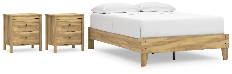 Bermacy Full Platform Bed with 2 Nightstands in Light Brown