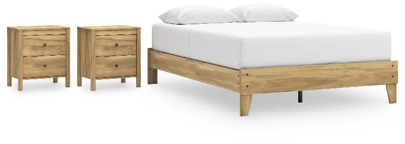 Bermacy Queen Platform Bed with 2 Nightstands in Light Brown