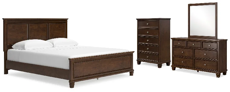 Danabrin California King Panel Bed with Mirrored Dresser and Chest in Brown