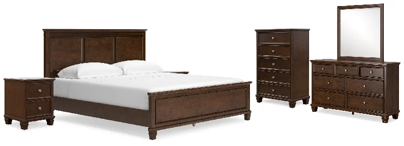 Danabrin California King Panel Bed with Mirrored Dresser, Chest and 2 Nightstands in Brown