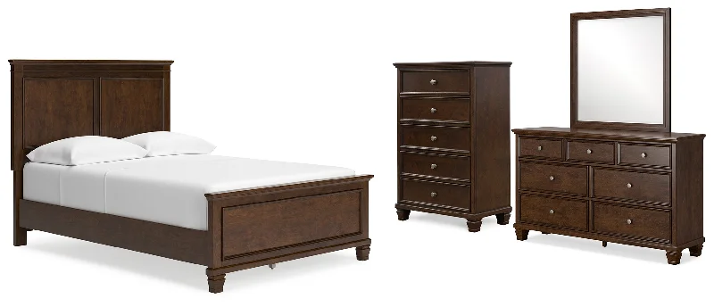 Danabrin Full Panel Bed with Mirrored Dresser and Chest in Brown