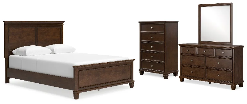 Danabrin Queen Panel Bed with Mirrored Dresser and Chest in Brown