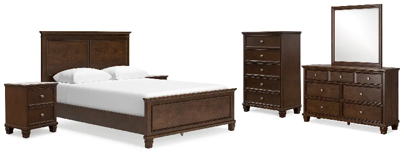 Danabrin Queen Panel Bed with Mirrored Dresser, Chest and 2 Nightstands in Brown