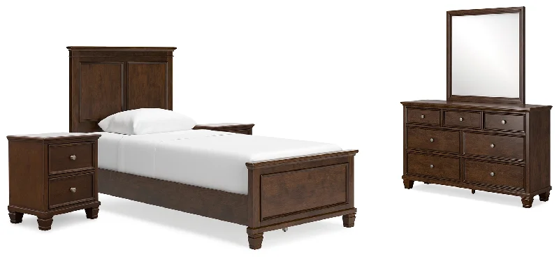 Danabrin Twin Panel Bed with Mirrored Dresser and 2 Nightstands in Brown