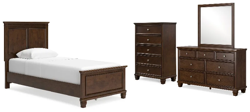 Danabrin Twin Panel Bed with Mirrored Dresser and Chest in Brown