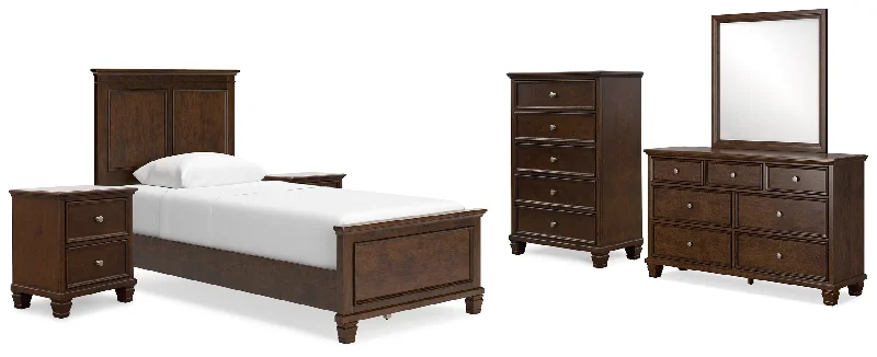 Danabrin Twin Panel Bed with Mirrored Dresser, Chest and 2 Nightstands in Brown