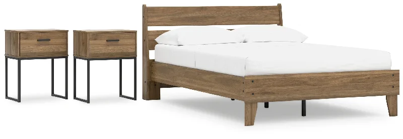 Deanlow Full Platform Panel Bed with 2 Nightstands in Honey