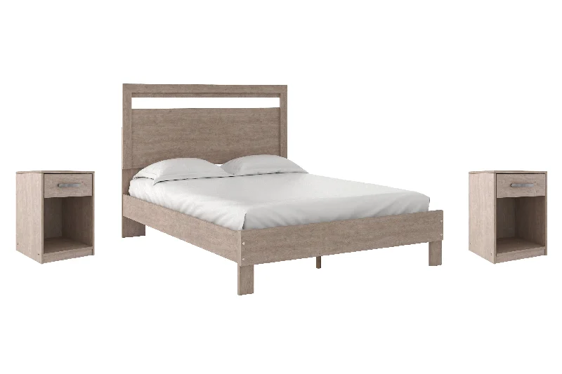 Flannia Queen Panel Platform Bed with 2 Nightstands in Gray