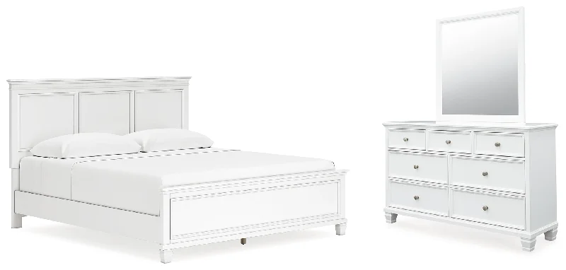 Fortman King Panel Bed with Mirrored Dresser in White