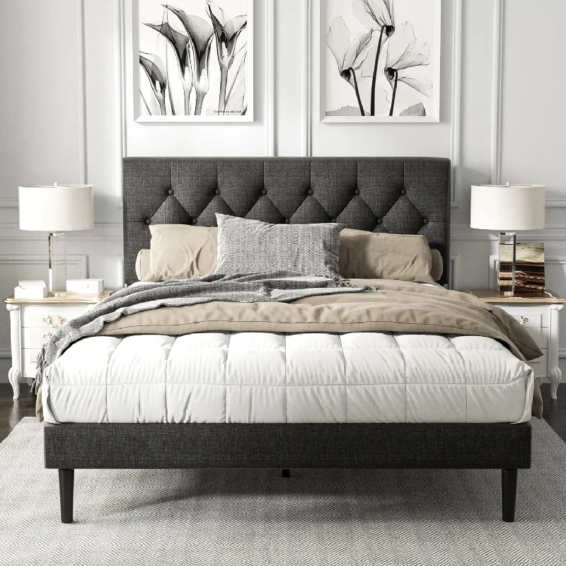 Full Size Platform Bed Frame with Upholstered Button Tufted Headboard - $90