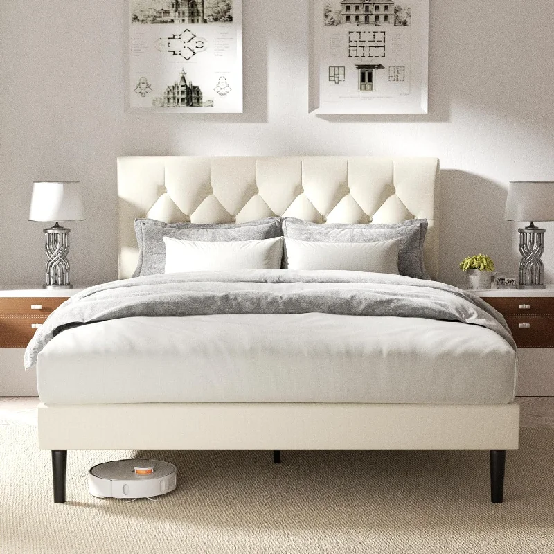 Full Size Platform Bed Frame with Velvet Upholstered Headboard, Beige - $100