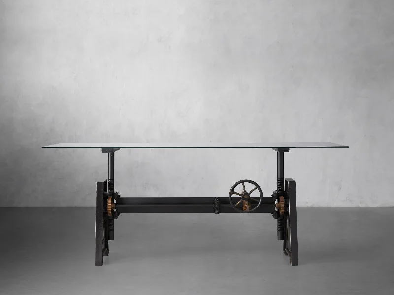 Industrial Crank Desk with Glass Top and Large Black Rubbed Copper Base