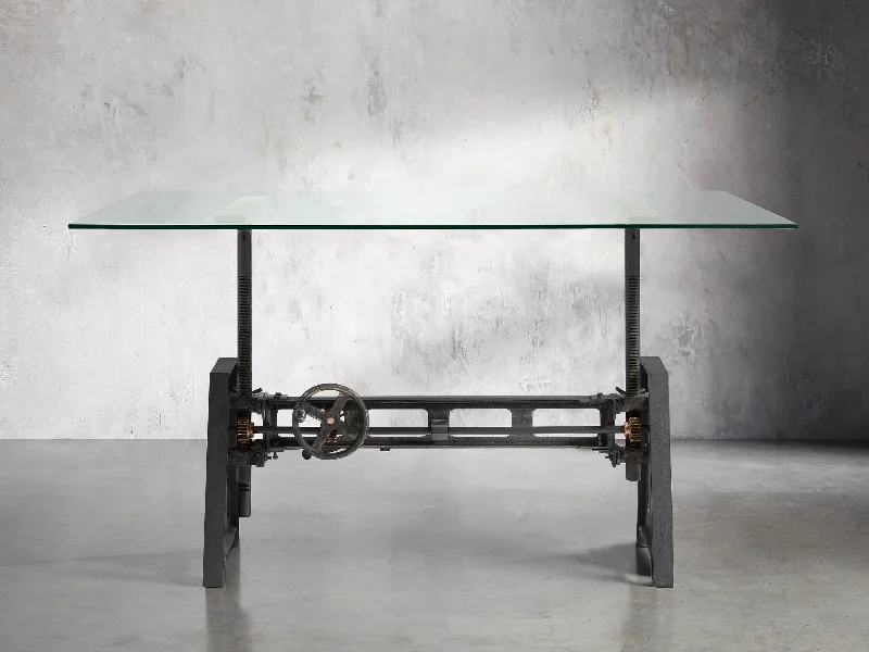 Industrial Crank Desk with Glass Top and Black Rubbed Copper Base