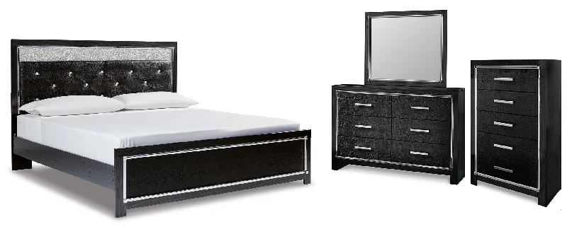 Kaydell King Upholstered Panel Bed with Mirrored Dresser and Chest in Black