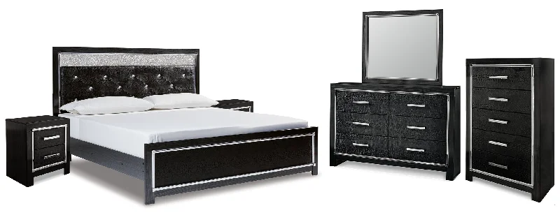 Kaydell King Upholstered Panel Bed with Mirrored Dresser, Chest and 2 Nightstands in Black