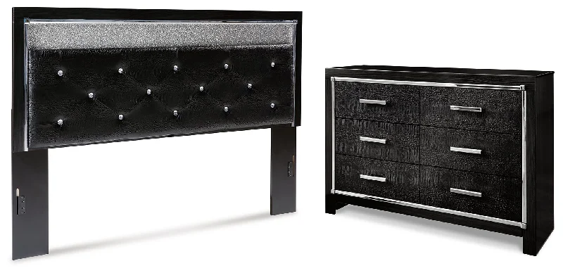 Kaydell King Upholstered Panel Headboard with Dresser in Black