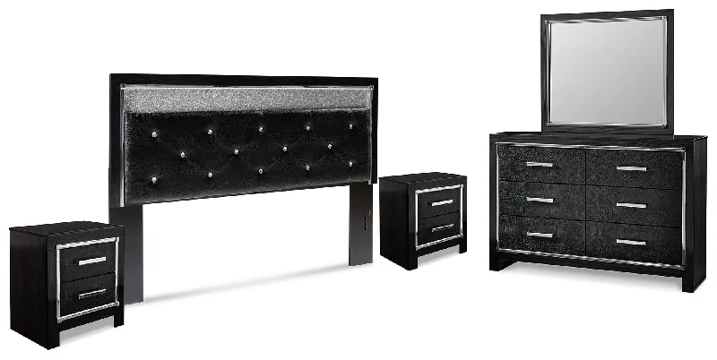 Kaydell King Upholstered Panel Headboard with Mirrored Dresser and 2 Nightstands in Black