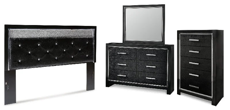 Kaydell King Upholstered Panel Headboard with Mirrored Dresser and Chest in Black