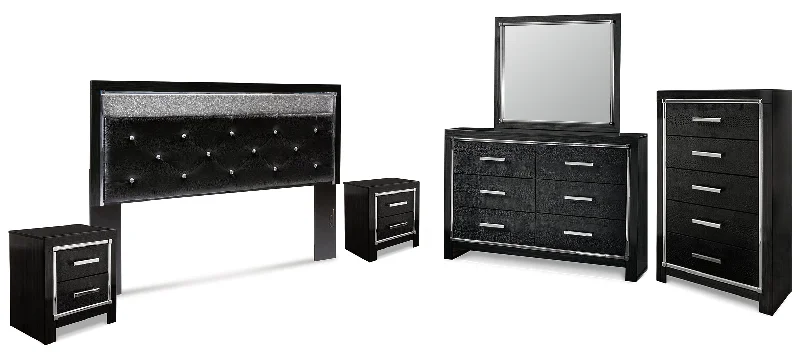 Kaydell King Upholstered Panel Headboard with Mirrored Dresser, Chest and 2 Nightstands in Black