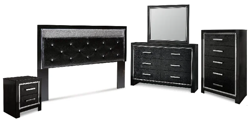 Kaydell King Upholstered Panel Headboard with Mirrored Dresser, Chest and Nightstand in Black