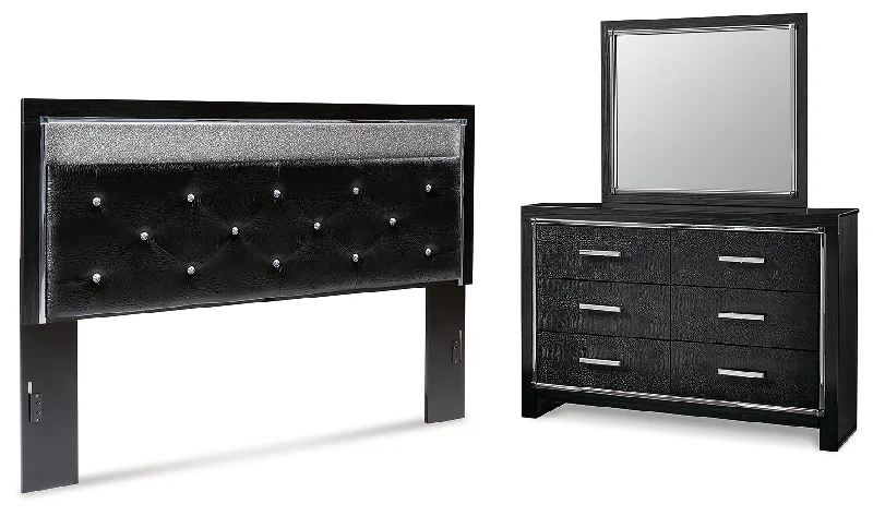 Kaydell King Upholstered Panel Headboard with Mirrored Dresser in Black