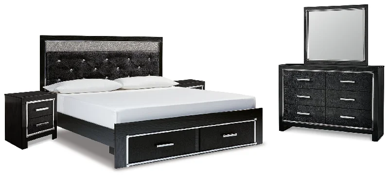 Kaydell King Upholstered Panel Storage Bed with Mirrored Dresser and 2 Nightstands in Black