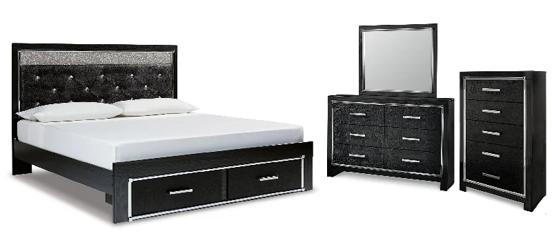 Kaydell King Upholstered Panel Storage Bed with Mirrored Dresser and Chest in Black