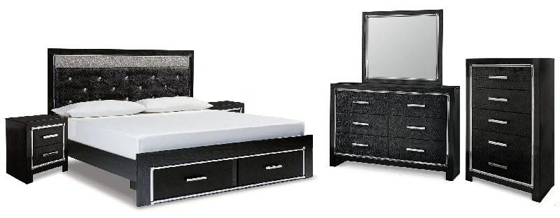 Kaydell King Upholstered Panel Storage Bed with Mirrored Dresser, Chest and 2 Nightstands in Black