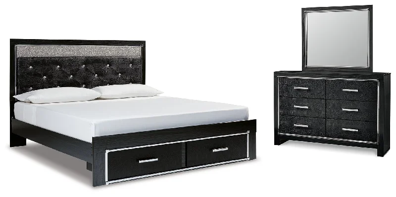 Kaydell King Upholstered Panel Storage Bed with Mirrored Dresser in Black