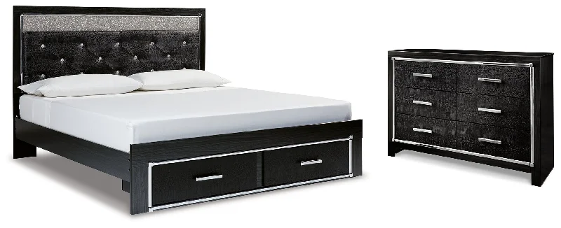 Kaydell King Upholstered Panel Storage Platform Bed with Dresser in Black