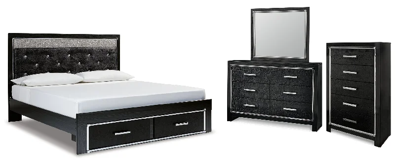 Kaydell King Upholstered Panel Storage Platform Bed with Mirrored Dresser and Chest in Black