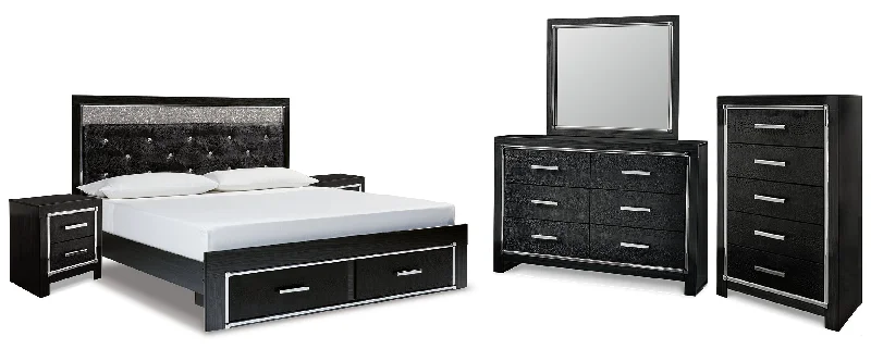 Kaydell King Upholstered Panel Storage Platform Bed with Mirrored Dresser, Chest and 2 Nightstands in Black