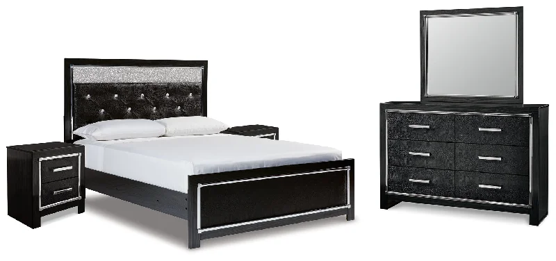 Kaydell Queen Upholstered Panel Bed with Mirrored Dresser and 2 Nightstands in Black