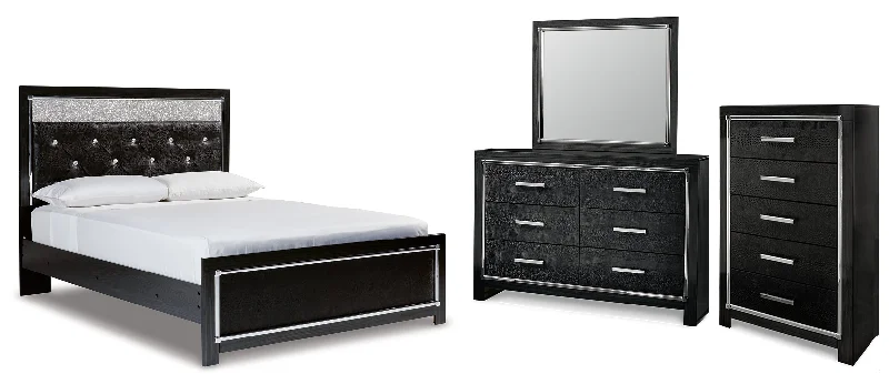 Kaydell Queen Upholstered Panel Bed with Mirrored Dresser and Chest in Black