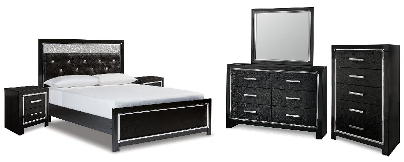 Kaydell Queen Upholstered Panel Bed with Mirrored Dresser, Chest and 2 Nightstands in Black