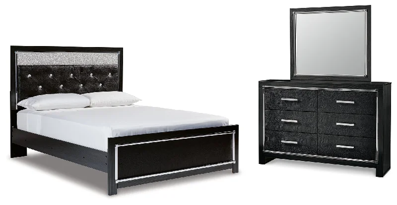 Kaydell Queen Upholstered Panel Bed with Mirrored Dresser in Black