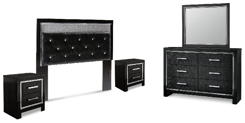 Kaydell Queen Upholstered Panel Headboard with Mirrored Dresser and 2 Nightstands in Black