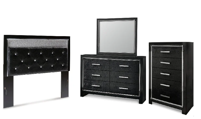 Kaydell Queen Upholstered Panel Headboard with Mirrored Dresser and Chest in Black