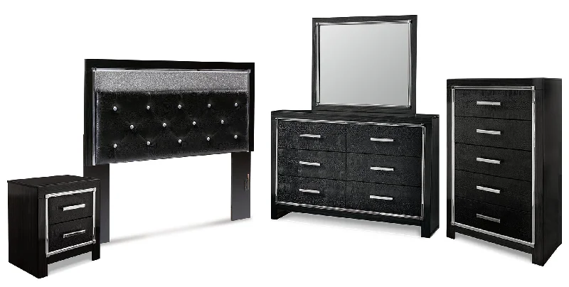 Kaydell Queen Upholstered Panel Headboard with Mirrored Dresser, Chest and Nightstand in Black