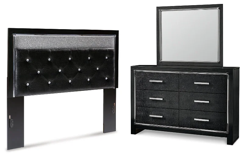 Kaydell Queen Upholstered Panel Headboard with Mirrored Dresser in Black