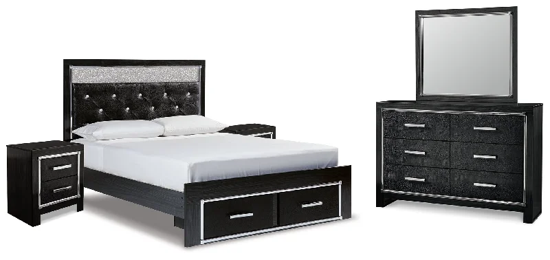 Kaydell Queen Upholstered Panel Storage Bed with Mirrored Dresser and 2 Nightstands in Black