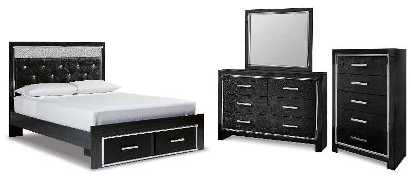 Kaydell Queen Upholstered Panel Storage Bed with Mirrored Dresser and Chest in Black