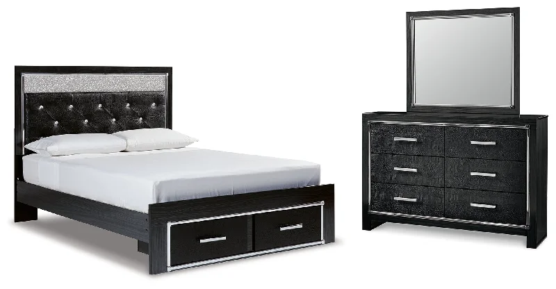 Kaydell Queen Upholstered Panel Storage Bed with Mirrored Dresser in Black