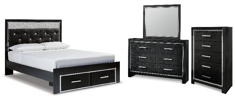 Kaydell Queen Upholstered Panel Storage Platform Bed with Mirrored Dresser and Chest in Black